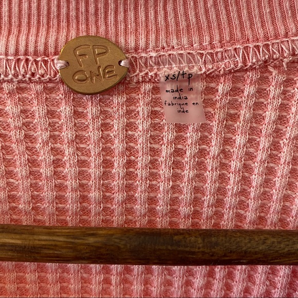 Free People Hayden Waffle Ribbed Puff Sleeve Shirt Lace Up Thermal Pink XS - Picture 4 of 7